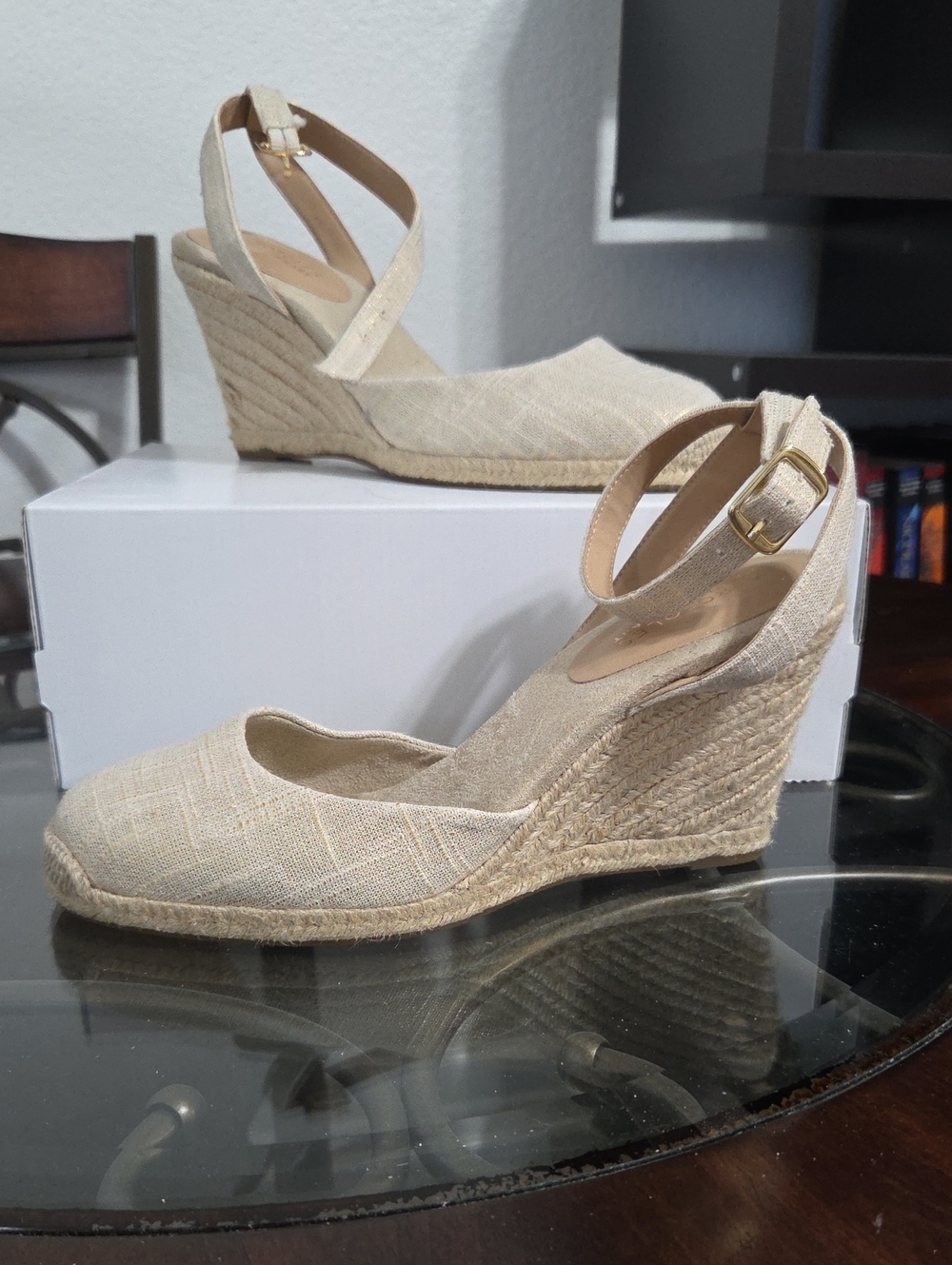 AEROSOLES Beige Espadrille Wedge Sandals with Ankle Strap
